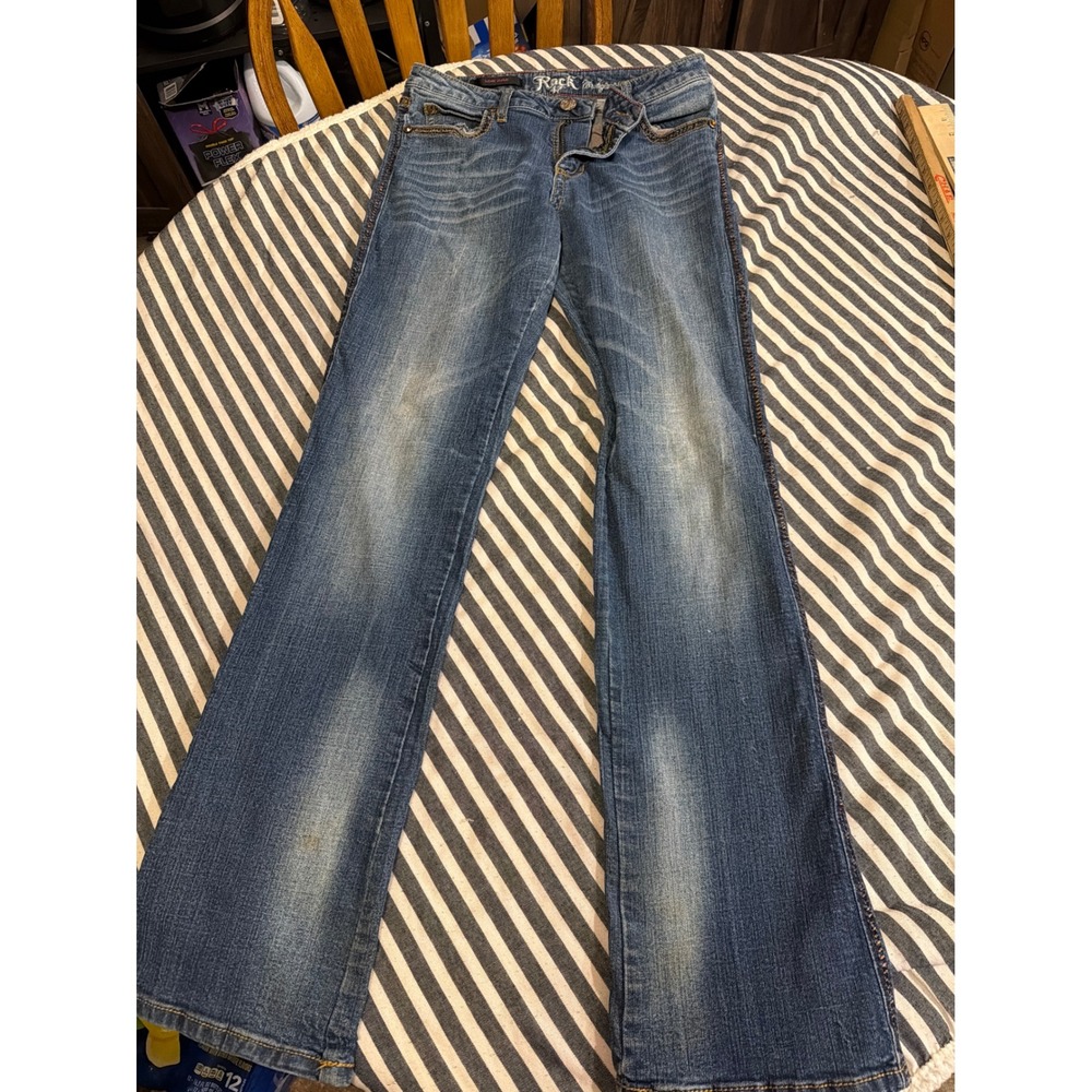 Wrangler Rock 47 Low Rise Bootcut Jeans Blue Embroidered Wing Pockets 9/10x34